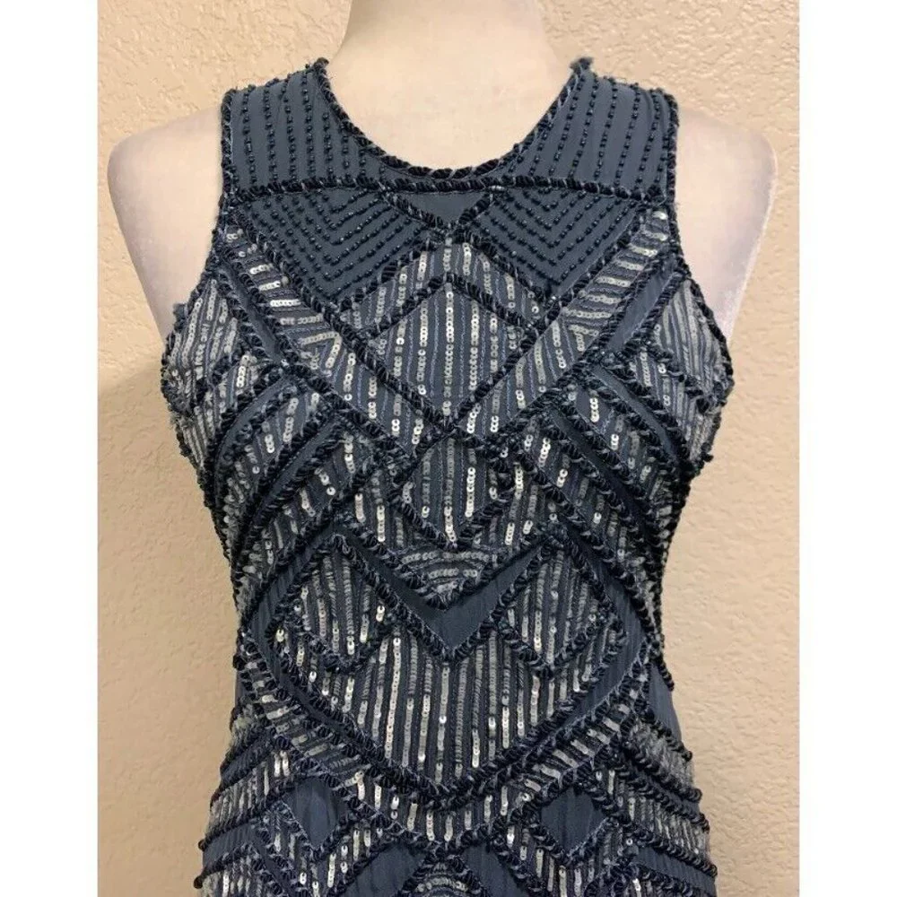 Parker NY Allegra Silk Beaded Sequin Blue Dress